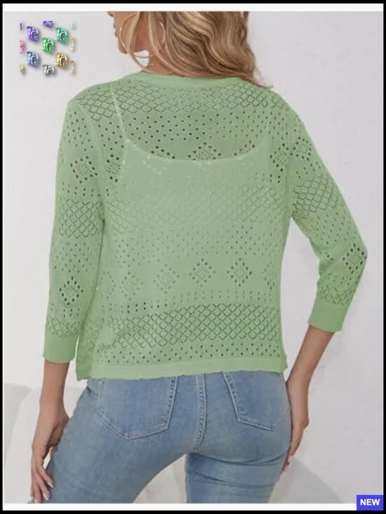 Lightweight Hollowed Cardigan 3/4 Sleeve Cropped Shrug Elegant Summer Chic - Picture 4 of 4